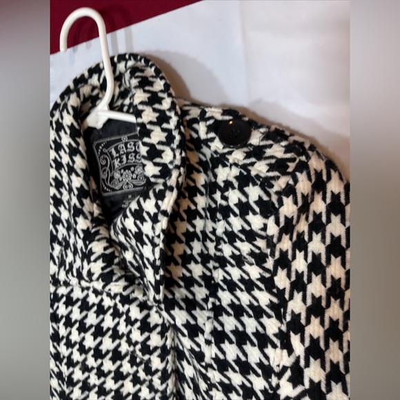 Last Kiss BIG Black Houndstooth Belted Acrylic Peacoat Pockets high Collar Lined - Picture 12 of 15